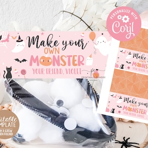 Adorno editable para bolsa de monstruo, hazlo tú mismo, bolsa de golosinas de Halloween rosa para niña, recuerdo de cumpleaños de Halloween, plantilla imprimible para fiesta de aula