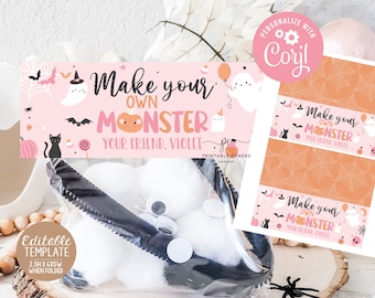 Editable Make You Own Monster Bag Topper Pink Halloween Treat Bag Girl Halloween Birthday Favors Classroom Party Favor Printable Template