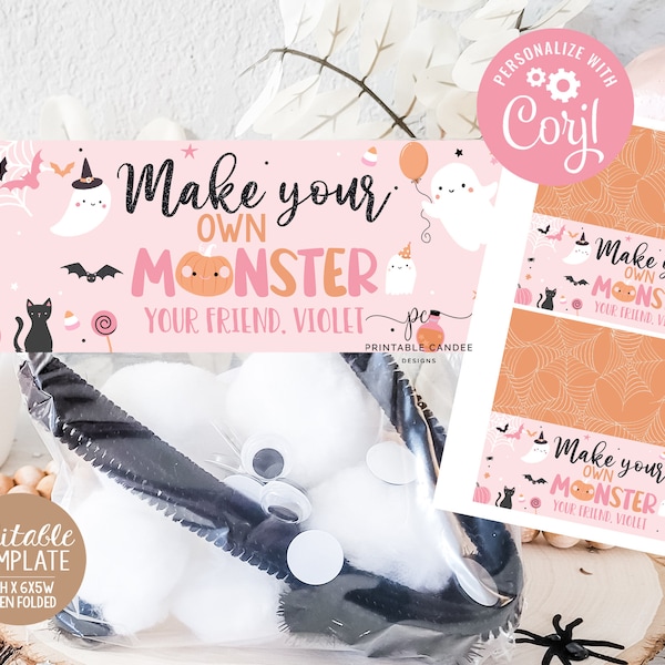 Editable Make You Own Monster Bag Topper Pink Halloween Treat Bag Girl Halloween Birthday Favors Classroom Party Favor Printable Template