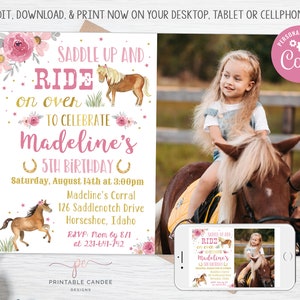 Girl Horse Birthday Invitation Party Invite Floral Pink Gold Pony Theme Editable Photo Template Printable Instant Download