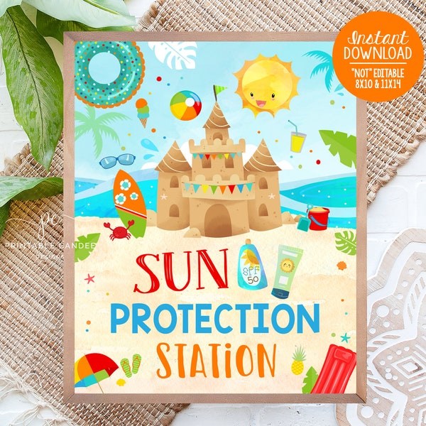Beach Party Sun Protection Station Birthday Summer Beach Bash Theme Sunscreen Table Sign Printable