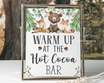 Woodland Baby Shower Hot Cocoa Bar Schild Waldtiere Junge Heiße Schokolade Station Tischdekoration Greenery Printable WSWG