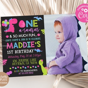 Editable Girl Dinosaur 1st Birthday Invitation Dino Theme Chalk Instant Download Photo Template Printable File