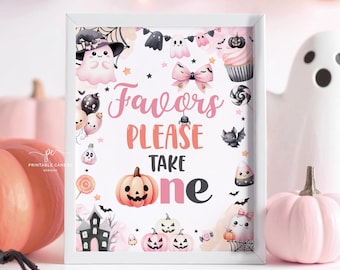 Letrero de recuerdo de cumpleaños de Halloween rosa para niña, decoración de mesa para fiesta fantasma, temática espeluznante, imprimible, PGSTN