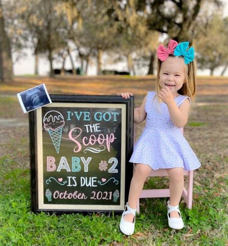 Ice cream Big Sister Pregnancy Announcement Summer Got the scoop Pink Blue Photoshoot Prop Promoted Sign Chalkboard Printable File image 3