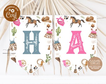 May include: Printable banner template with the letters "HA" in pink and blue. The banner is decorated with a western theme, including horses, cacti, cowboy hats, and boots.
