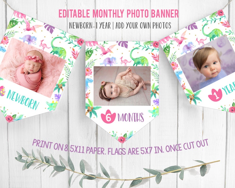 Op de afbeelding: Bewerkbare maandelijkse fotobanner met een dinosaurus thema. De banner heeft 12 vlaggen, elk met een andere maand van het jaar. De vlaggen zijn versierd met roze, groene en paarse aquarel dinosaurussen en bladeren. Elke vlag heeft ruimte voor een foto. De banner is ontworpen voor het eerste jaar van een baby. De tekst op de banner luidt "Bewerkbare maandelijkse fotobanner" en "Nieuwgeborene - 1 jaar | Voeg je eigen foto's toe".