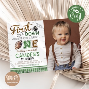 Football First Birthday Party Invitation Template Boy 1st Sports Theme Football Year One Editable Rookie Invite Printable File