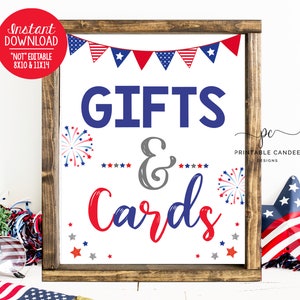 4. Juli Geschenk Zeichen Rot Weiß und Blau Feuerwerkskörper Geburtstagsgeschenke und Karten Patriotische Sterne Streifen Party Decor Download Printable