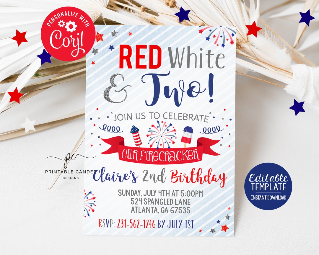 4th of July 2nd Birthday Invitation Red White and Two Firecracker ...