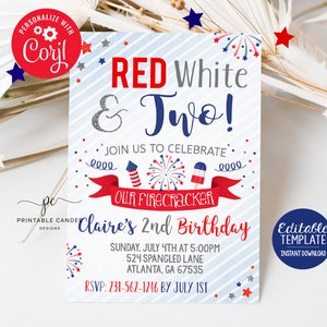 4th of July 2nd Birthday Invitation Red White and Two Firecracker Patriotic Stars Stripes Editable Template Download Printable