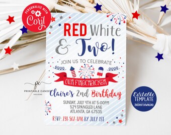 May include: Red, white, and blue birthday invitation with a red, white, and blue firework design. The invitation says "Red White & Two!" and "Claire's 2nd Birthday".