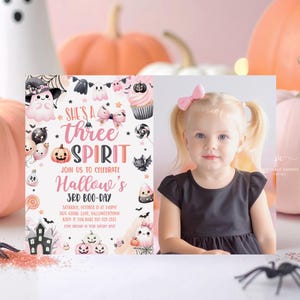 Editable Pink Halloween 3rd Birthday Invite Girl Ghost Invitation Three Spirit Party Theme Photo Template Printable PGSTN