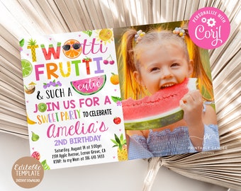 May include: A colorful invitation for a 2nd birthday party with a fruit theme. The invitation says "Two-tti Frutti & Such a Cutie" and includes a photo of a child eating watermelon. The text says "Join us for a Sweet Party to Celebrate Amelia's 2nd Birthday".