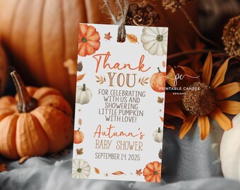 Redigerbara etiketter med liten pumpa och babyshower-motiv, bränt orange, duschdekor, höstlöv, babyshower-tema, neutrala pumpa-gåvor, FPBS