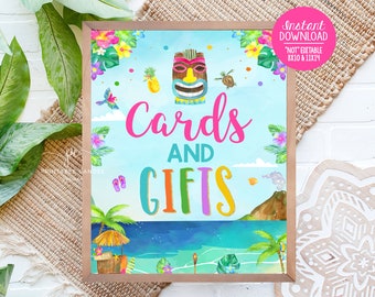 May include: A colorful printable sign with a tropical theme. The sign says "Cards and Gifts" with a tiki mask, palm trees, and a beach scene.