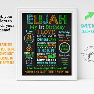 Custom Colors Boy Birthday Stats Sign Pick Your Own Theme Milestone Chalkboard Poster Printable File