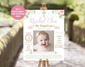 Baptism Stats Sign Pink Gold Rose Floral Christening Table Sign Milestone Poster Dedication Decor Girl Baptism Printable