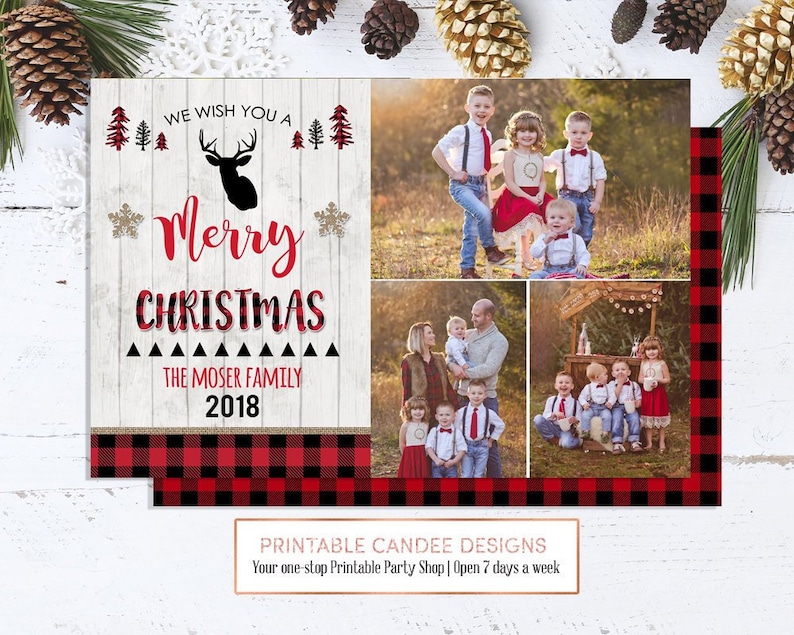 Printable Christmas card with photos Buffalo Plaid Deer Country Holiday Custom Rustic Printable File 