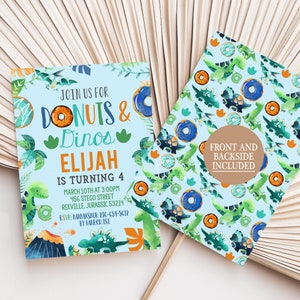 May include: A blue and green invitation with a dinosaur and donut theme. The invitation says "Join us for Donuts & Dinos Elijah is turning 4" with details for the party. The back of the invitation has a repeating pattern of dinosaurs and donuts.