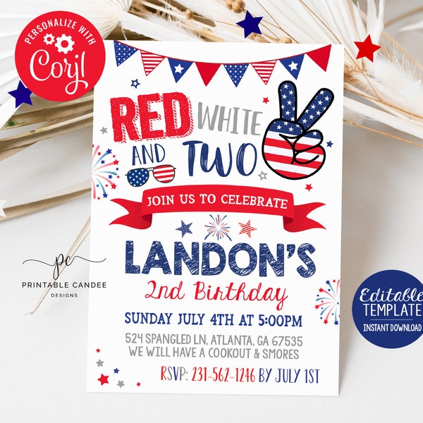 4th of July 2nd Birthday Invitation Red White and Two Patriotic Stars Stripes Editable Template Download Printable