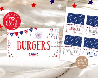 4th of July Food Labels Red White and Blue Firecracker Birthday Food Table Tents Patriotic Stars Stripes Party Decor Download Printable