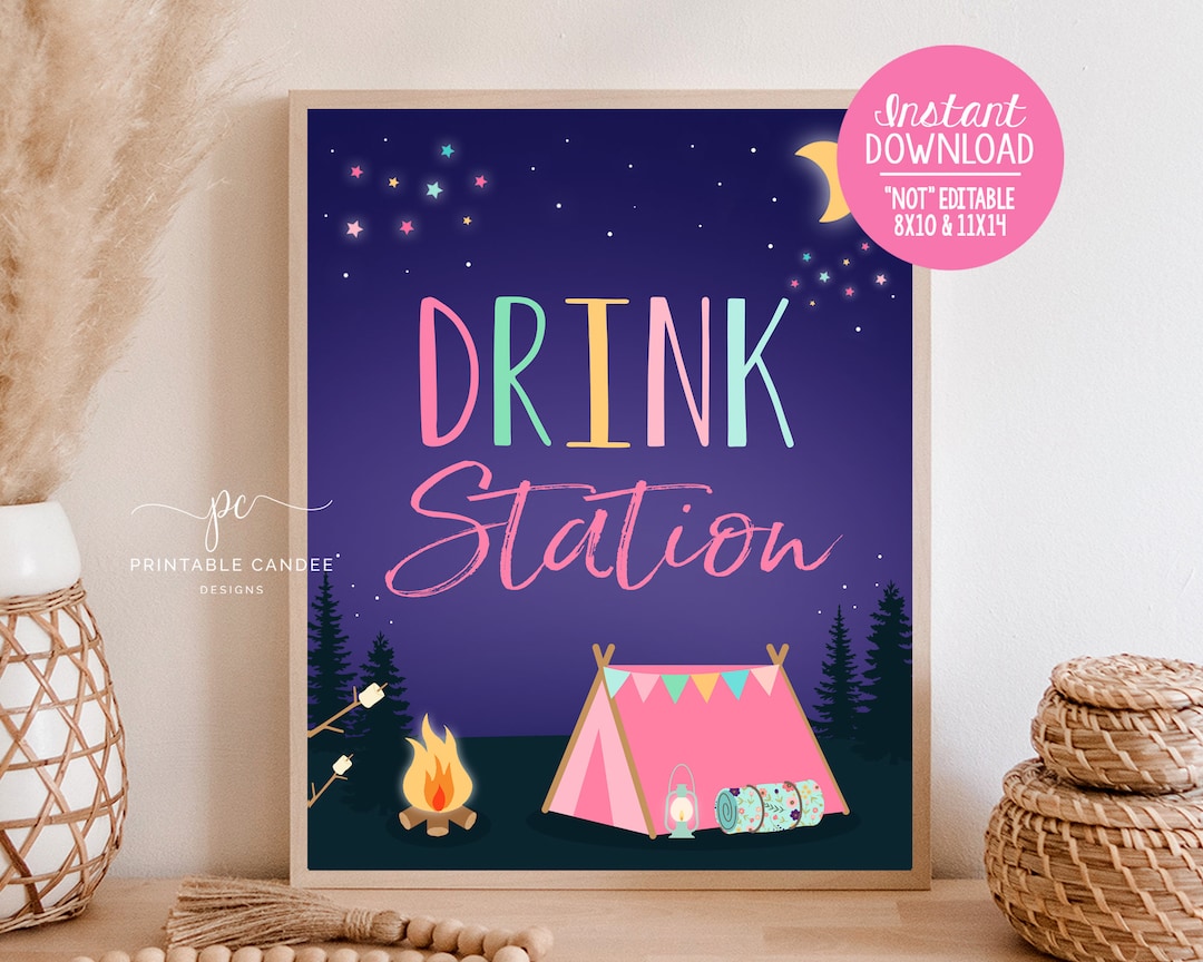 Girl Camping Drink Party Sign Food Station Bonfire Birthday Decor ...