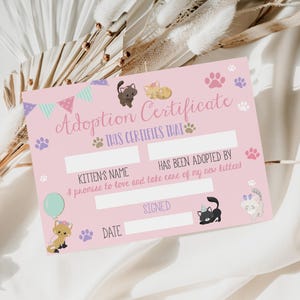 Kitten Party Adoption Sign with Certificates Pink Cat Activity Pawty Birthday Decor Printable PCDT image 2
