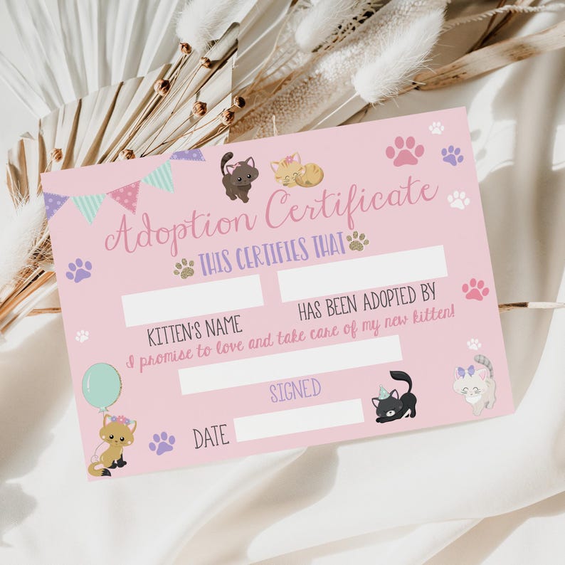 Kitten Party Adoption Sign with Certificates Pink Cat Activity Pawty Birthday Decor Printable PCDT image 2