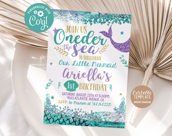 May include: An invitation to a first birthday party with a mermaid theme. The invitation is decorated with glitter and features a purple mermaid tail, a gold star, and the text "Join us Oneder the Sea to shelllebrate our little mermaid Ariella's 1st Birthday".