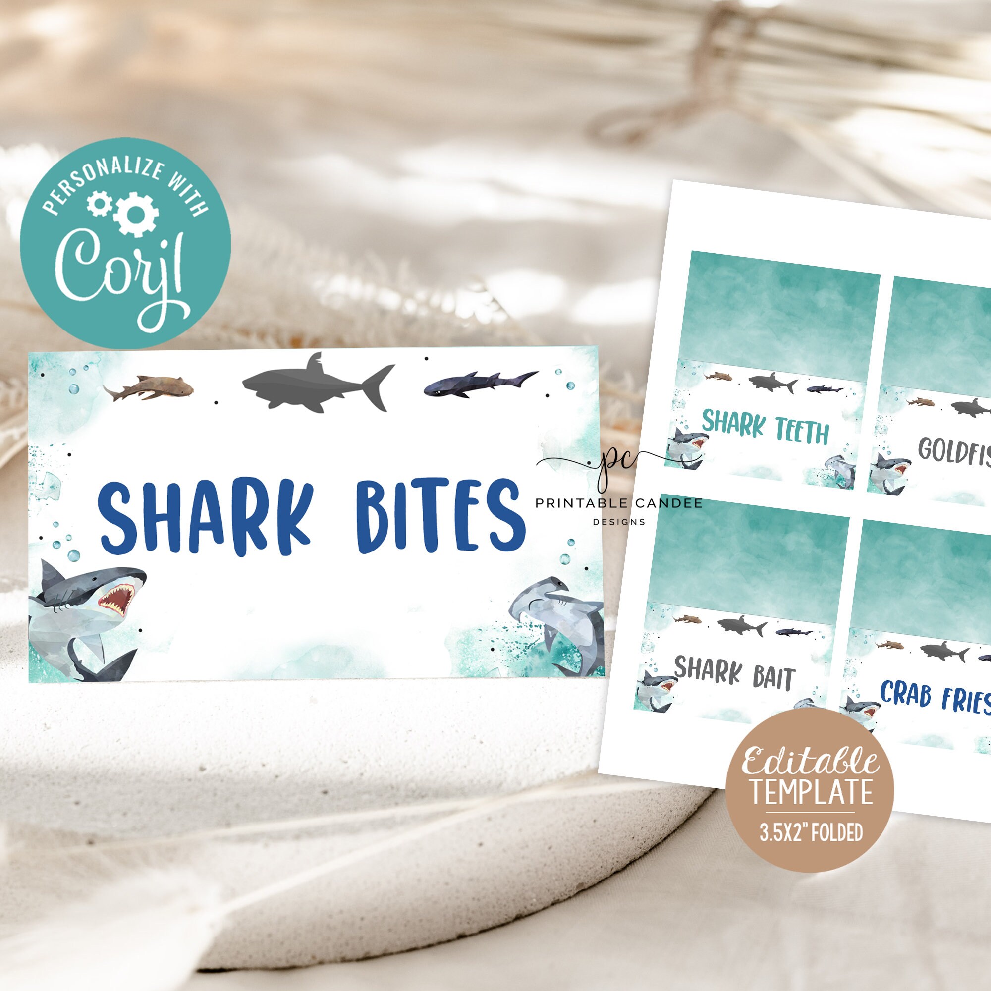 Shark Food Tents Template Summer Boy Birthday Menu Ocean Party Theme Editable Food Labels Table Printable Decor SHB24