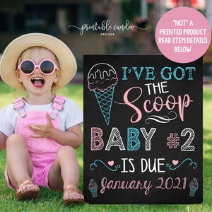 Ice cream Big Sister Pregnancy Announcement Summer Got the scoop Pink Blue Photoshoot Prop Promoted Sign Chalkboard Printable File