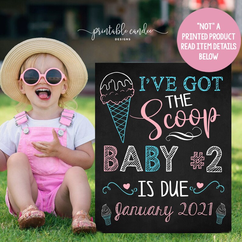 Ice cream Big Sister Pregnancy Announcement Summer Got the scoop Pink Blue Photoshoot Prop Promoted Sign Chalkboard Printable File image 1