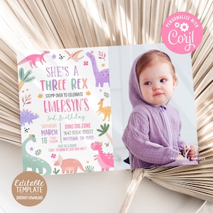 Pastel Dinosaur Birthday Invitation Girl Three Rex Party Editable Invite Cute Dino Pink Photo Template Printable DG24