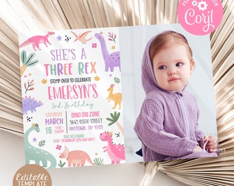 May include: A pink and green dinosaur-themed birthday invitation for a girl turning three. The invitation features a photo of a young girl in a purple outfit, along with the text "She's a Three Rex" and "Stomp over to celebrate Emersyn's 3rd Birthday". The invitation also includes details about the party, such as the date, time, and location.
