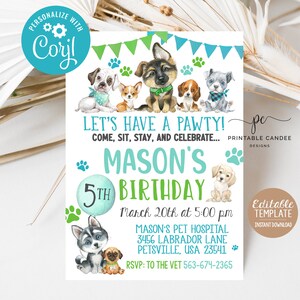 Editable Boy Puppy Birthday Invite Blue Green Dog Party Invitation ...