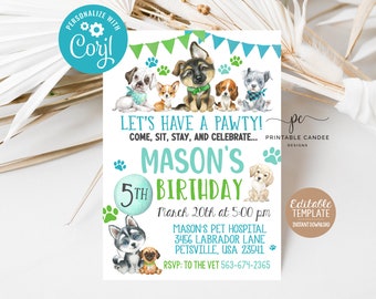 Invito di compleanno modificabile del cucciolo di ragazzo Modello di invito per una festa con cane blu verde Tema dell'animale domestico Download immediato stampabile dell'acquerello