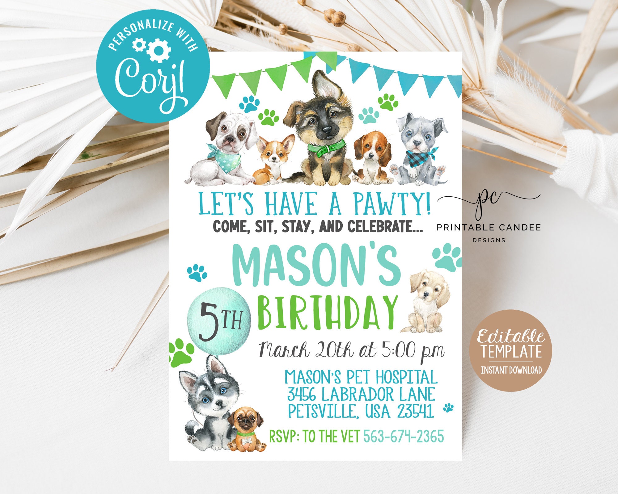 Editable Boy Puppy Birthday Invite Blue Green Dog Party Invitation ...