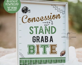 May include: A printable sign for a concession stand with a football theme. The sign is white with green and brown text that says "Concession Stand Grab a Bite". There is a football helmet and a football on the sign. The sign is 8x10 or 11x14 inches.