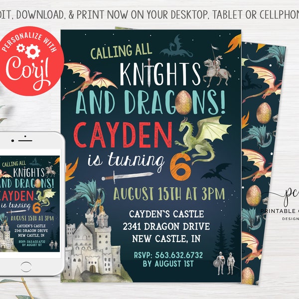 Knights and Dragons Birthday Invitation Editable Dragon Knight Party Printable Invite Boy Birthday Theme Template Instant Download