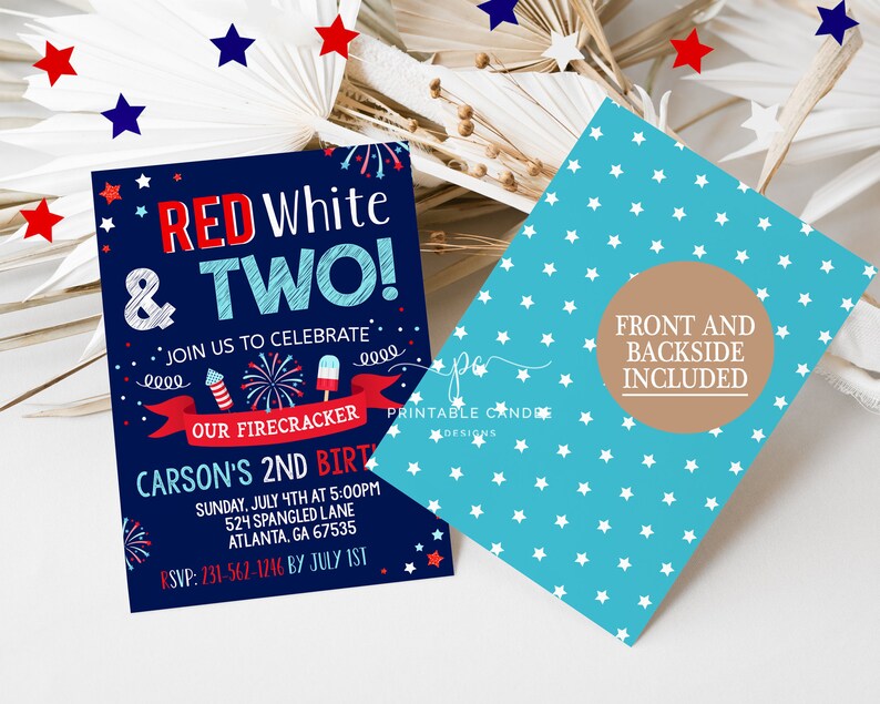 4th of July 2nd Birthday Invitation Red White and Two Firecracker ...