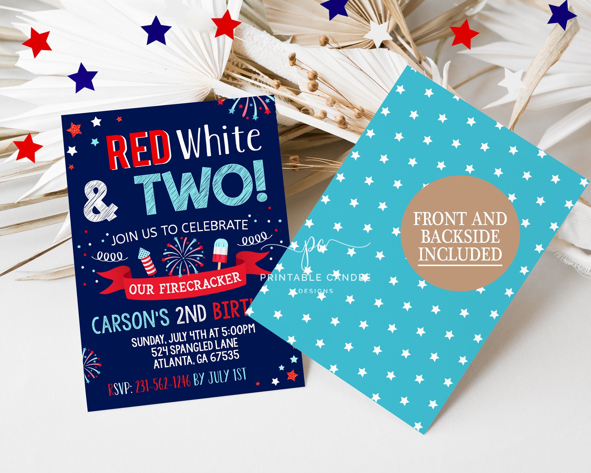 4th of July 2nd Birthday Invitation Red White and Two Firecracker ...