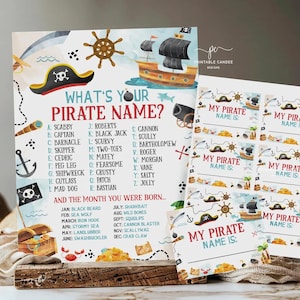 Pirate Birthday Name Game Sign Labels Ahoy Matey Theme Pirates Party Activity Decor Printable PBMI