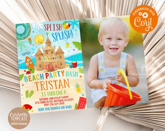 Beach Party Invitation Editable Summer Birthday Invite Template Surfing Icecream Theme Instant Download Printable File