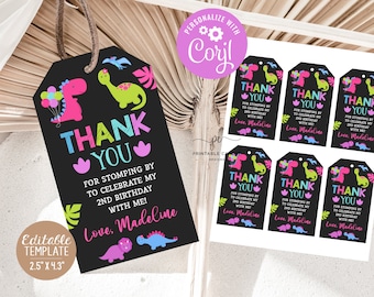 Editable Dinosaur Favor Tags Girl Dino Birthday Party Theme Favors Template Pink Chalk Dinos Instant Download Editable Printable File