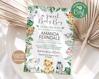 Invitación editable de Safari Baby Shower Jungle Baby Boy invitar a tema animal plantilla de vegetación descarga instantánea imprimible