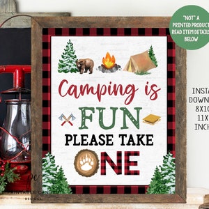 Camping Favor Sign Party Decor Lumberjack One happy Camper Signs Bear Birthday Party Printables Instant Download