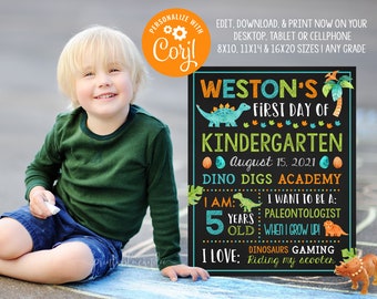First Day of Kindergarten Sign Dinosaur First Day of Preschool Chalkboard First Day Of School Prop Instant Download Editable