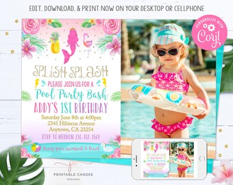 Mermaid Pool Party Invite Template Pineapple Flamingo Summer Birthday Theme Tropical Editable File Printable