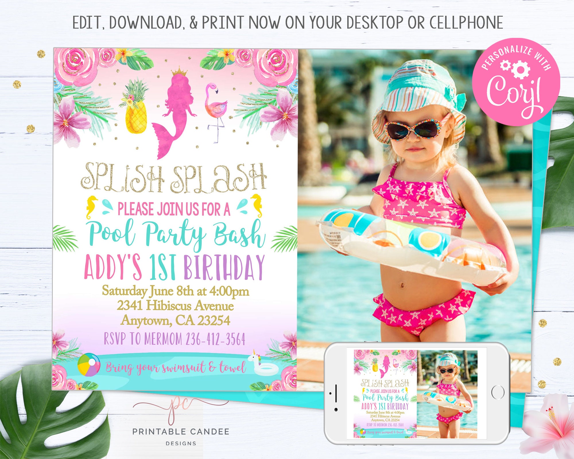 Mermaid Pool Party Invite Template Pineapple Flamingo Summer Etsy 日本